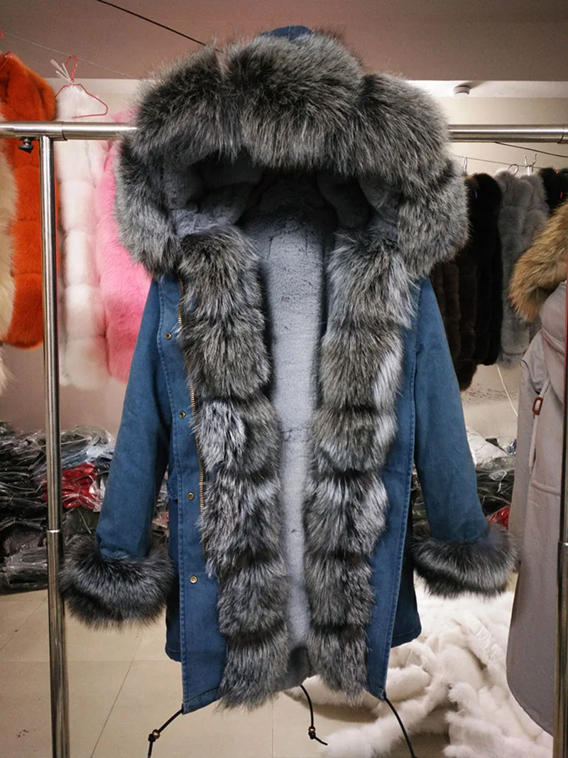 Натуральный мех длинный Лисий Мех животных пальто Джинсовая куртка с капюшоном верхняя одежда Плотные пуховики Для женщин зима натуральный натуральным лисьим меховой воротник Пальто для будущих мам