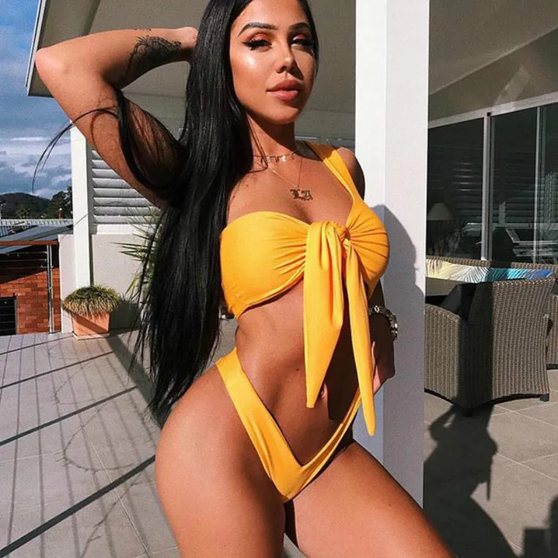 

Bikini New Yellow One-shoulder Chest Knotted Biquini Sexy Two Piece Swimsuit Women Low Waist Solid Bikini Set 2019