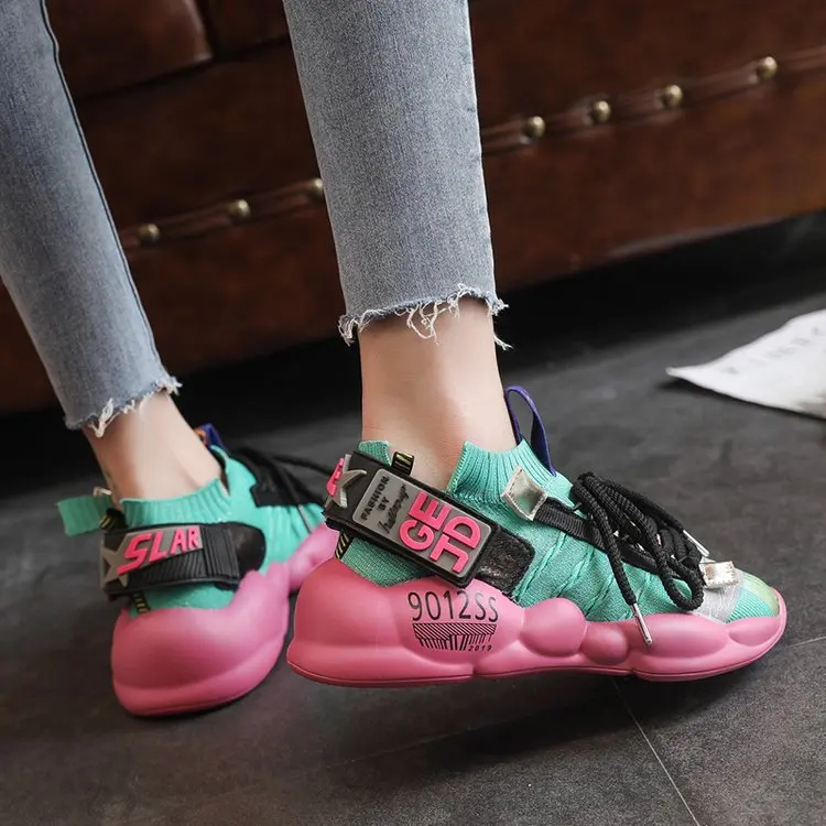 

2019 New New Mixed Color Breathable Elastic Socks Shoes Muffin Bottom Horse Hair Casual Dad Shoes Fashion Lace-up women Shoes