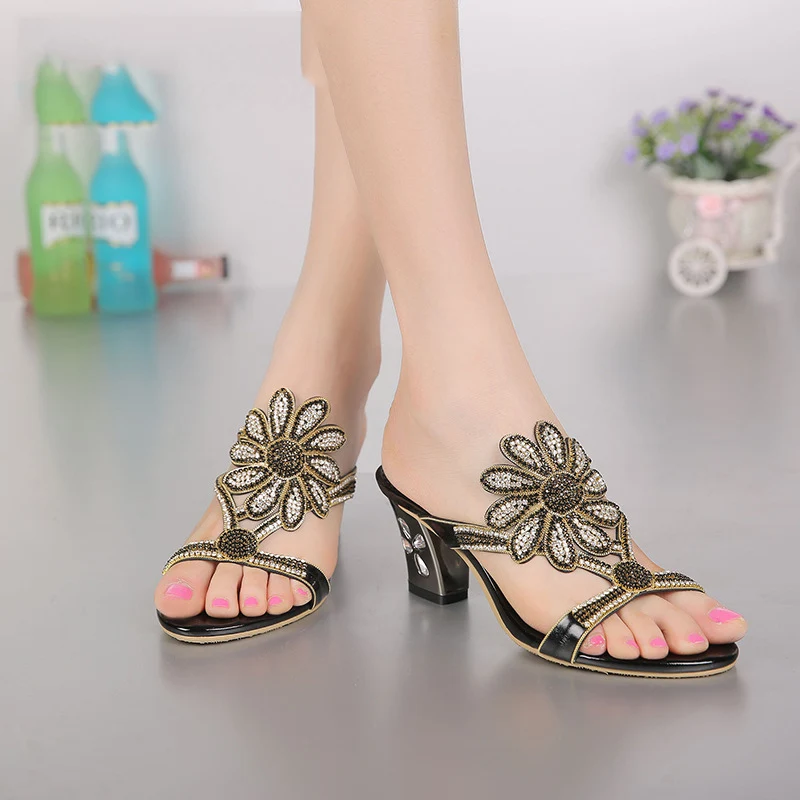 

2017 New Women Fashion Diamond Sandals Thick With Slippers High Heel Elegant Shoes Top Quality
