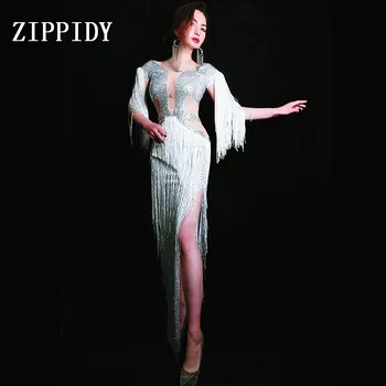 

Shining Fashion White Fringes Dress Women Tassel Rhinestones Costume One-Piece Dress Female Birthday Celebrate Long Dress
