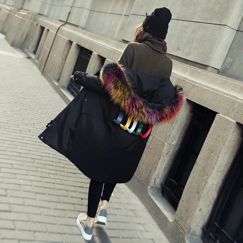 Корейские женские куртки, парка с цветным капюшоном из натурального меха, женское длинное пуховое пальто, Канадская мода, Черный пуховик xxl - Цвет: Черный