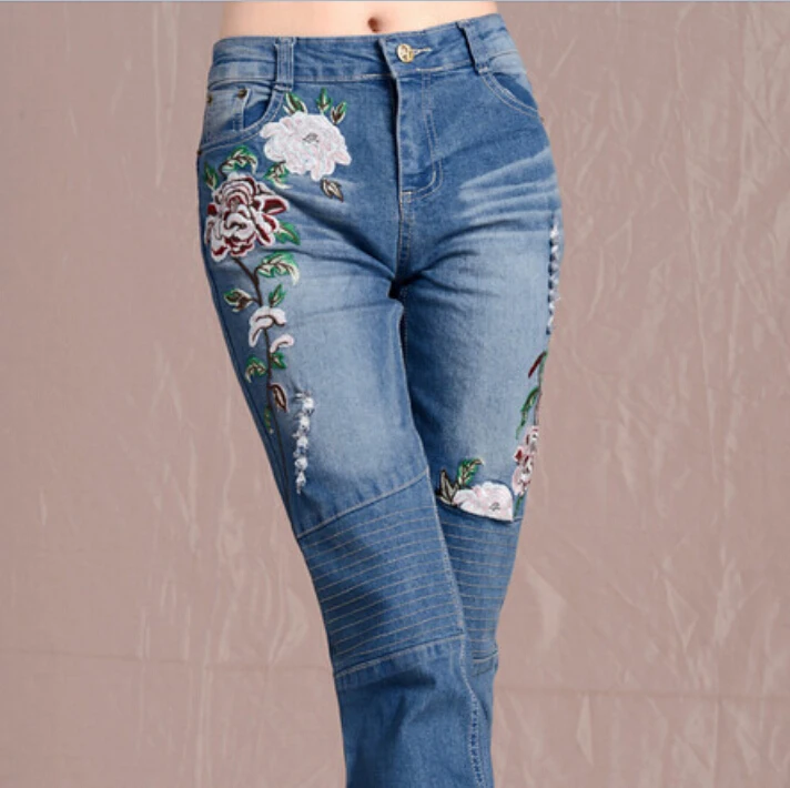 National style women spring summer autumn fashion ethnic embroidery jeans flowers embroider denim pants plus size