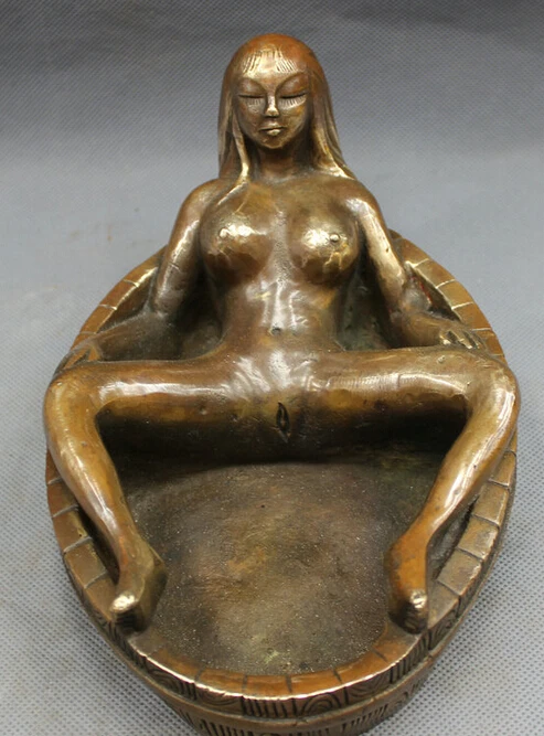 

JP S0606 8" China Chinese Bronze Copper Art Collect Recumbent Belle Statue Ashtray B0403