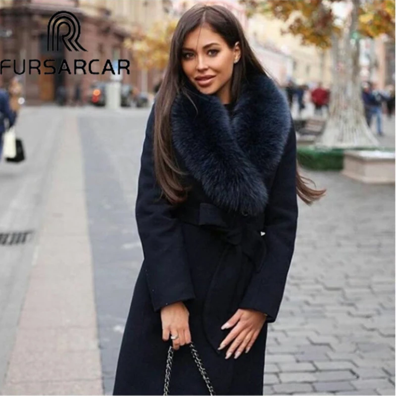 Женское меховое пальто FURSARCAR роскошное теплое из овечьей шкуры с воротником