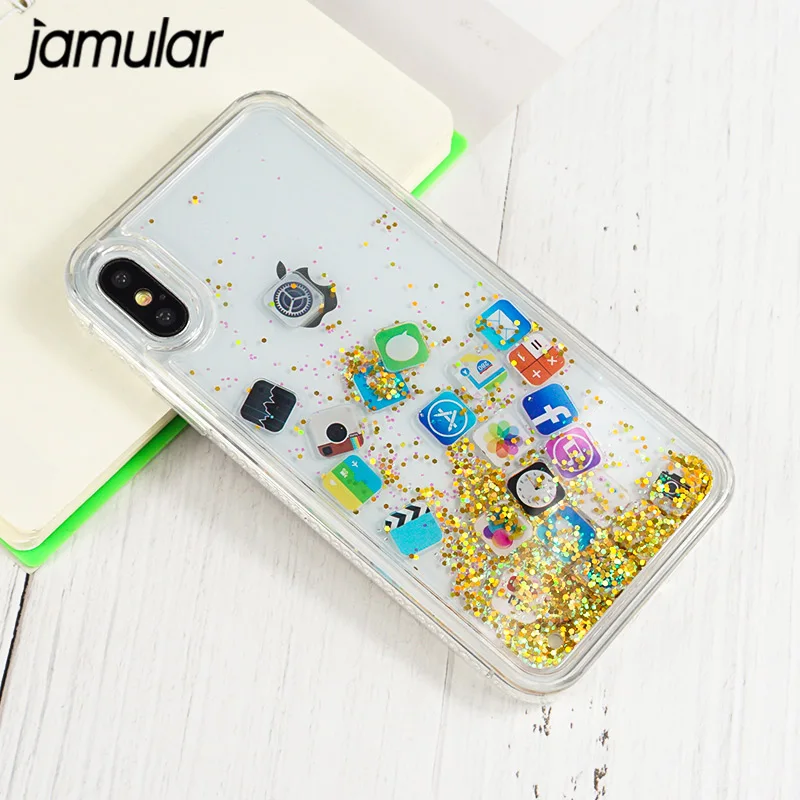 

JAMULAR Anti-knock Mobile Apps Icon Pattern Phone Case Cover For iphone X 6 6s Plus 7 8 plus 10 Glitter Liquid Quicksand coque