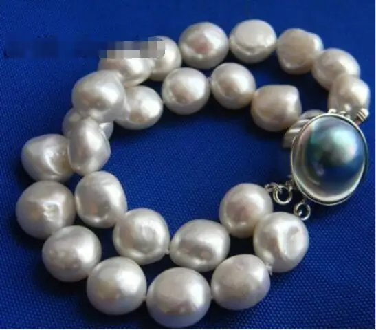 

Hot sale new Style >>>> 2Strands 8'' 13mmx14mm White Baroqu Freshwater Pearl Mabe Clasp Bracelet