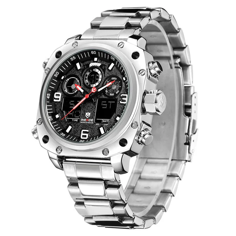 WEIDE Dual Display LCD Backlight Watch Men Stainless Steel Sport Leisure Business Wristwatch Quartz Wristwatches Multifunctional