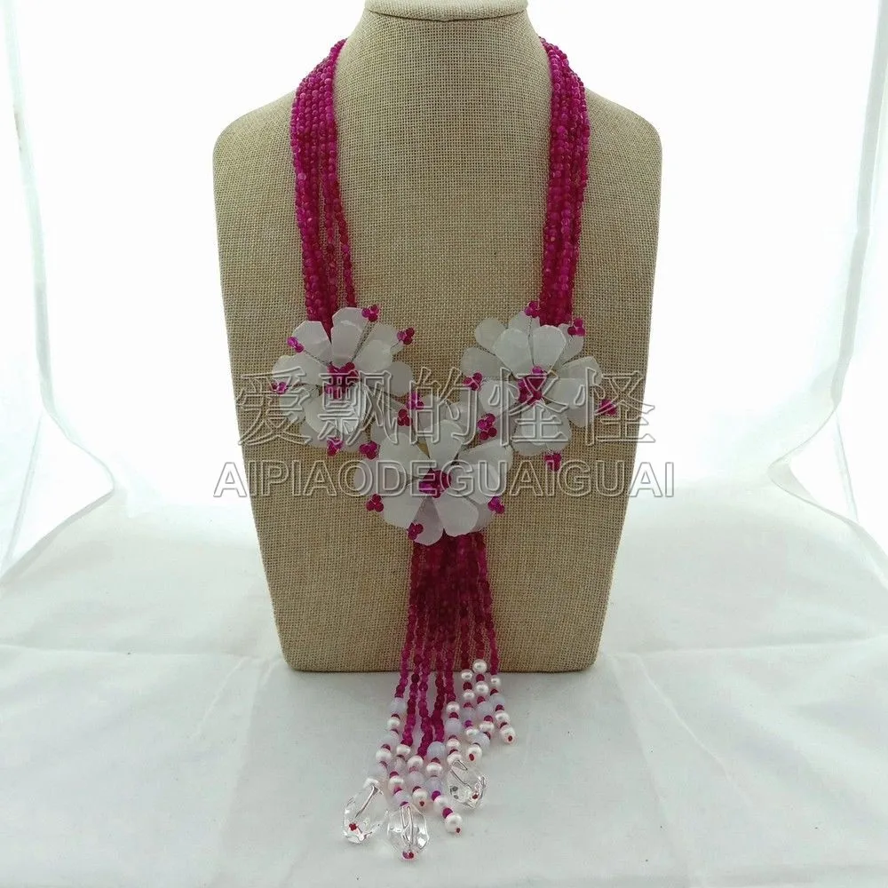 

N041504 23" 6 Rows Pearl Fuchsin Stone Crystal Flower Statement sNecklace