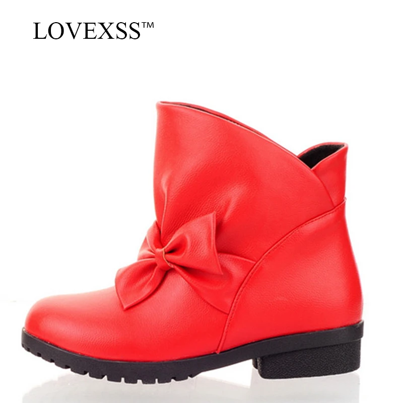 

LOVEXSS Woman Autumn Winter Butterfly Knot Ankle Boots Plus Size 41 43 Red High Heeled Shoes Black Round Toe Martin Boots 2018