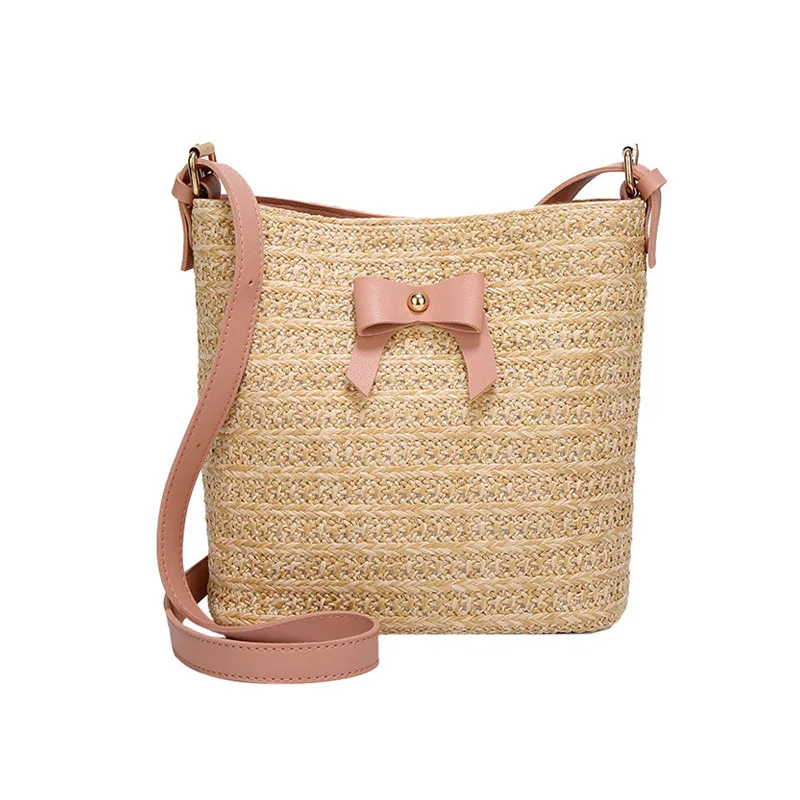 Women Summer Bow Straw Bags INS Popular Female Travel Beach Handbag Lady Large Knit Shoulder Bag Holiday Casual Crossbody SS3295 (11)