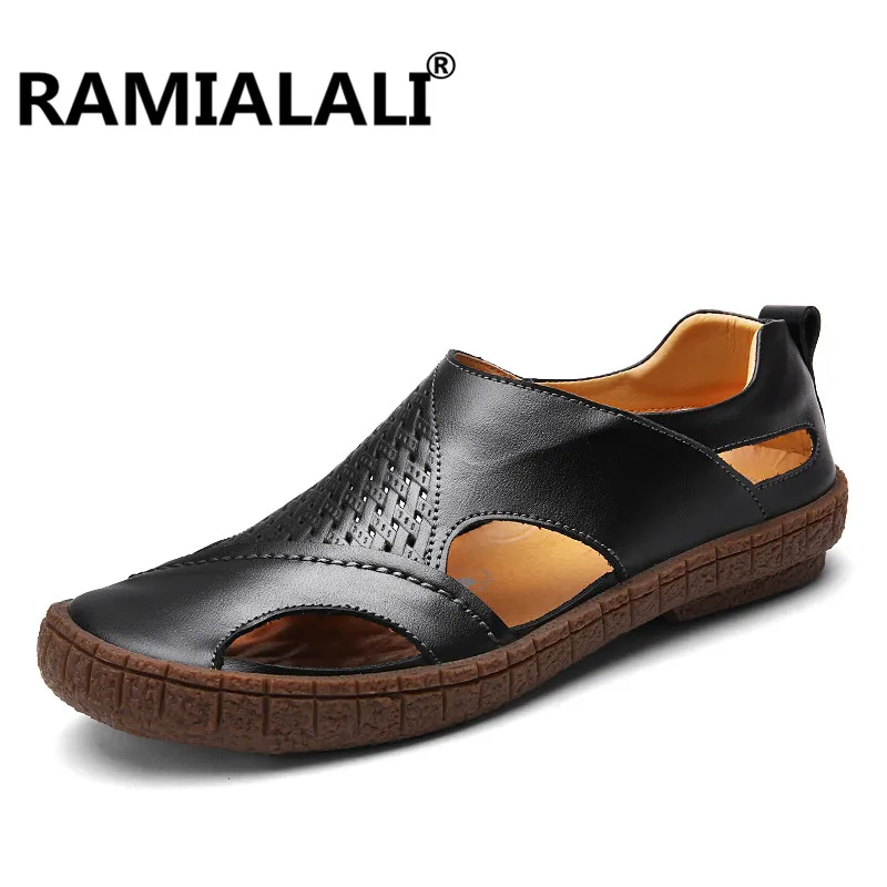 Ramialali/мужские пляжные сандалии; летняя дышащая удобная дизайнерская обувь; Sandalias; Мягкие прогулочные Шлепанцы из воловьей кожи - Цвет: Черный
