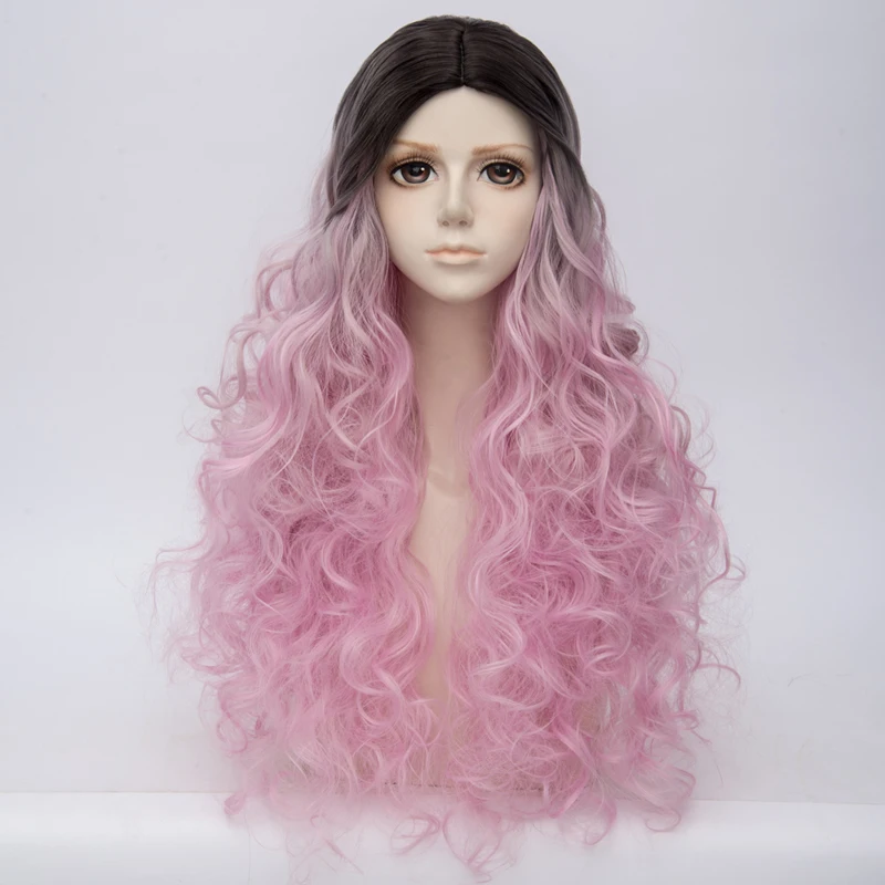 Lolita 68cm Long Curly Black Mixed Pink Cosplay Party Halloween Ombre