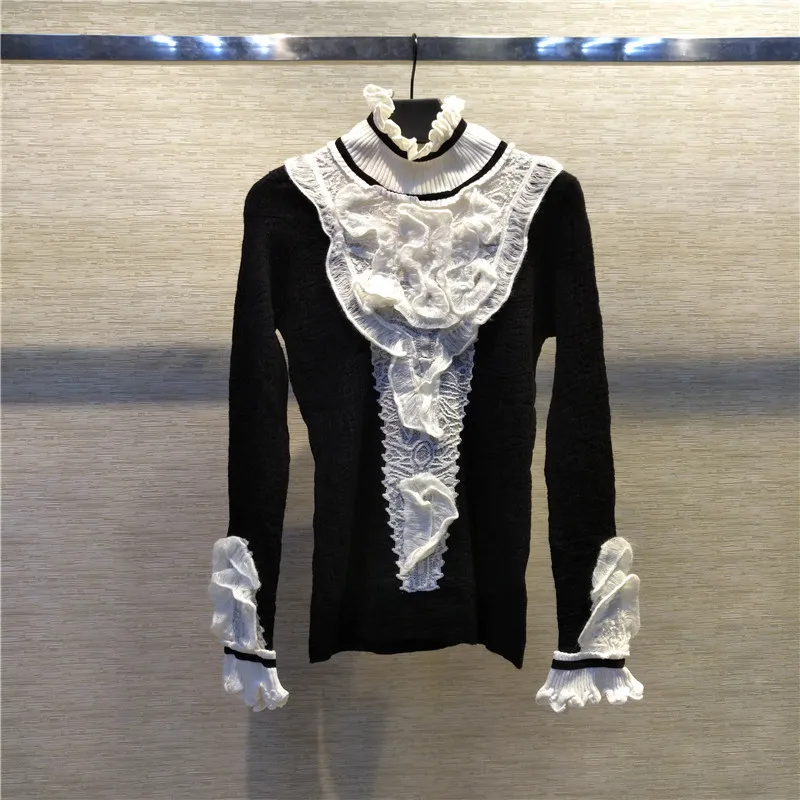 2018 Autumn Winter Christmas Black Sweater Pullovers Women Runway Designer White Ruffles cashmere Turtleneck Jumper Lady Clothes 2018 Autumn Winter Christmas Black Sweater Pullovers Women Runway Designer White Ruffles cashmere Turtleneck Jumper Lady Clothes