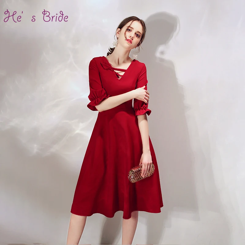 He's Bride New Simple Cocktail Dress V-neck Elbow Sleeve Zipper Back Formal Party Gown Robe De Soiree | Свадьбы и торжества