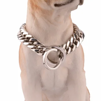 

16/18mm Wide 14-34 Inches Dog Chain Collar Silver Color Double Curb Cuban Necklace Rombo Chain Link Stainless Steel Pet Jewelry