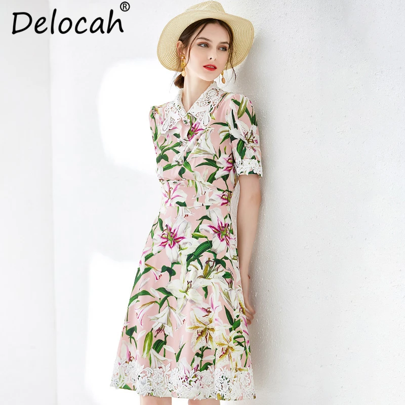 

Delocah New 2019 Women Spring Summer Dress Runway Fashion Short Sleeve lace up Floral Print Elegant Casual Holiday Midi Dresses