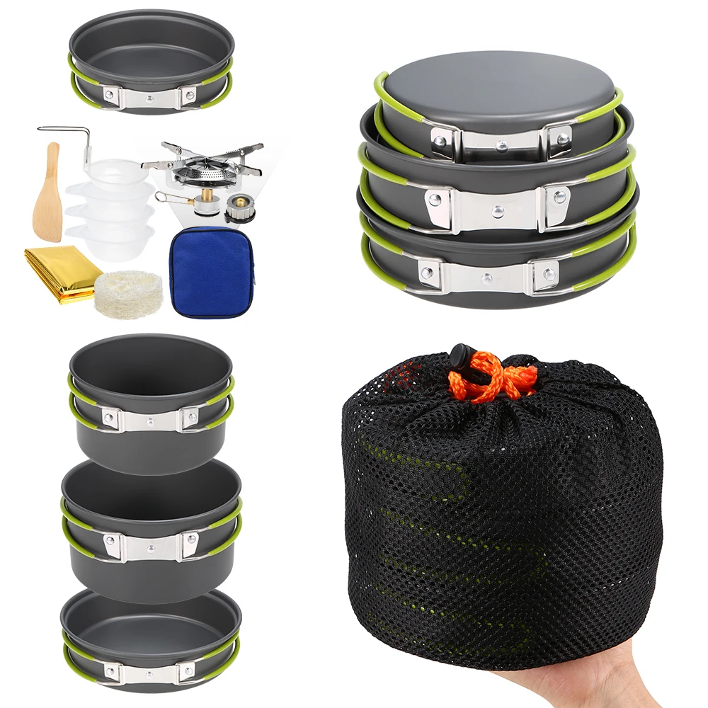 

2-3 People Outdoor Cookware Set Lightweight Aluminum Outdoor Stove Pot Pan Plastic Bowel for Backpacking Camping Picnic