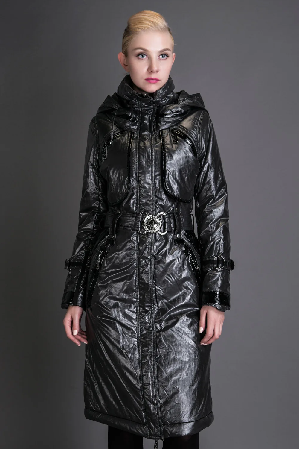 

Basic Editions Autumn Coats and Jackets Metallic Silk Fabric Stylish Long Cotton Coat with Belt and Hooded - JQM08233
