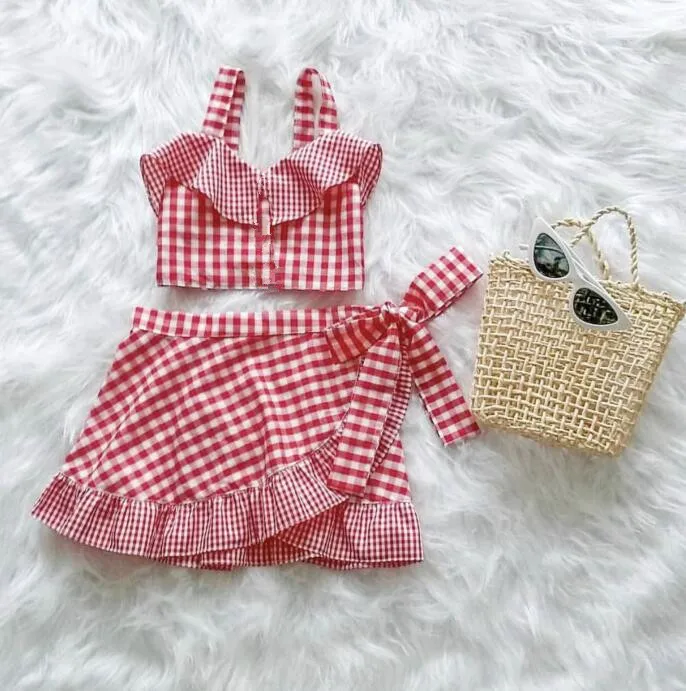 

2019 spring and summer beach wind girl cotton plaid sling top + butterfly skirt two-piece set