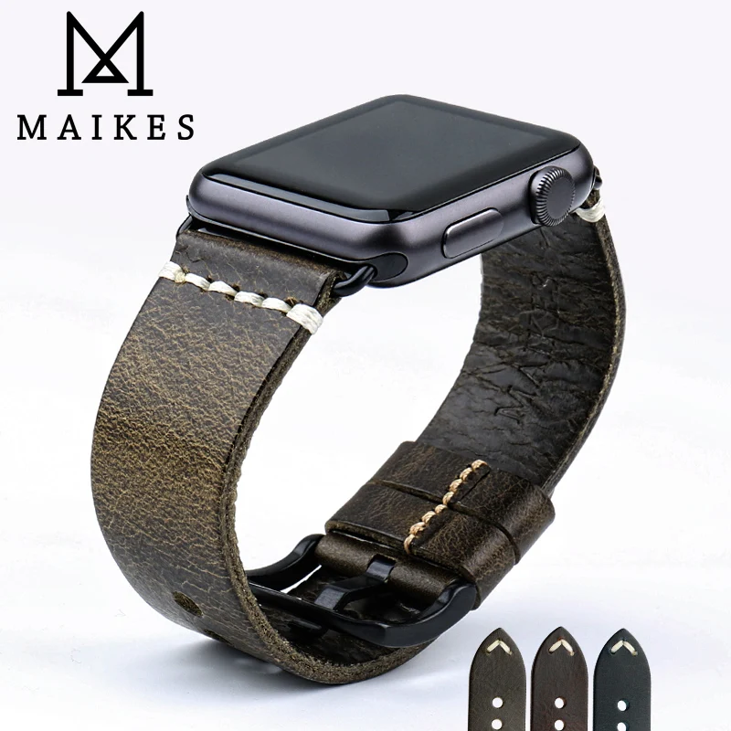 Ремешок для часов MAIKES из вощеной кожи Винтажный Зеленый браслет Apple Watch 44 мм 40 38 42 аксессуары часов|genuine leather