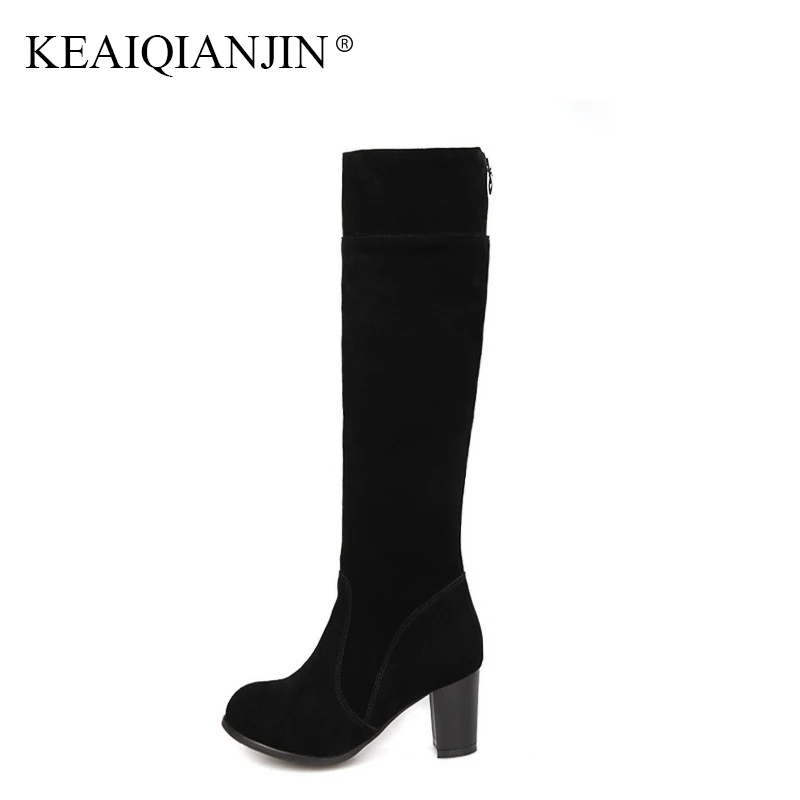 

KEAIQIANJIN Woman Black Knee High Boots Plus Size 33 - 43Autumn Winter High Heeled Shoes Genuine Leather Knee High Boots 2018