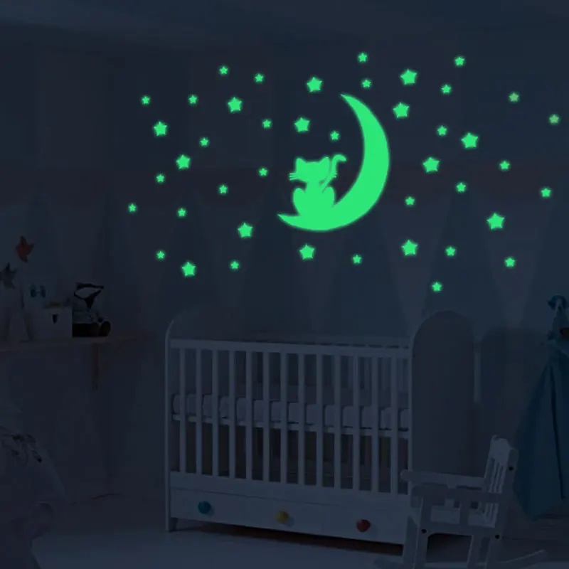 

Moon Stars Cats Glow In Dark Luminous Fluorescent Vinyl Wall Sticker For Kids Room Home Decor Bedroom Decal Wallpaper Decorative