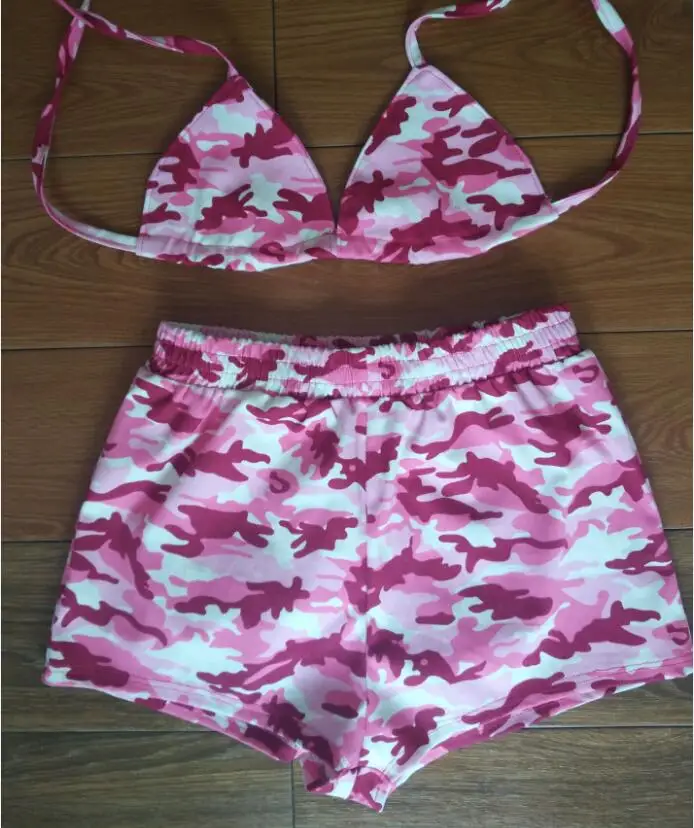 Sexy Camouflage Two Piece Set Summer Camo Short Sets Beach Outfits Bra