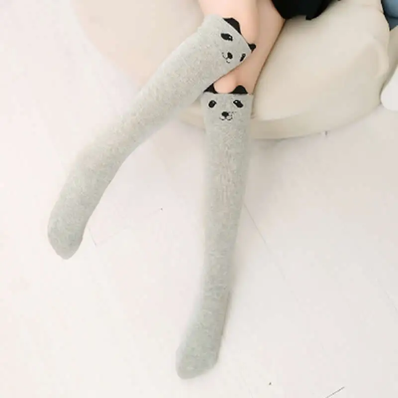 Новые хлопковые носки детские для прямого кроя с объемным украшением в виде героя мультфильма кошачьими ушками Чулки Носки для малышей для девочек; теплые колготки - Цвет: Gray bear high
