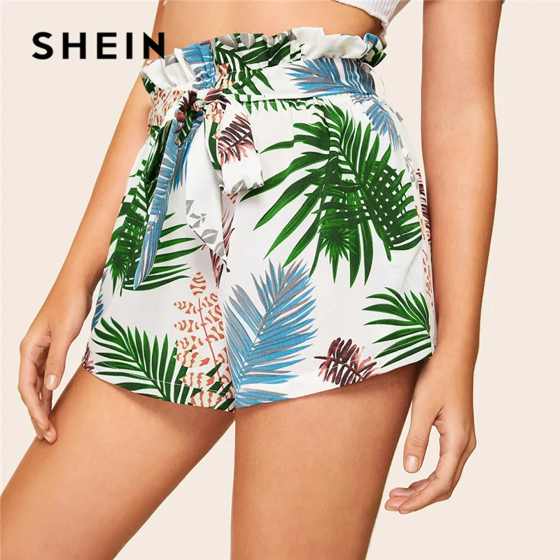 

SHEIN Paperbag Waist Tropical Print Summer Shorts Women Beach Vacation High Waist Shorts 2019 Boho Belted Frill Trim Shorts