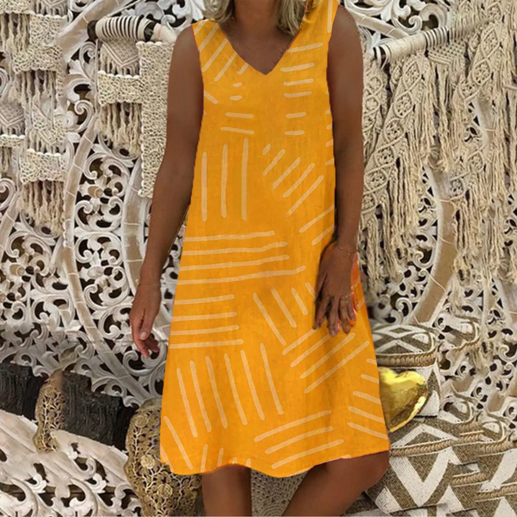 Women's Ladies Dress Fashion Printed Sleeveless V-Neck Casual Dress Summer Mini Dress S-5XL Boho Women clothing