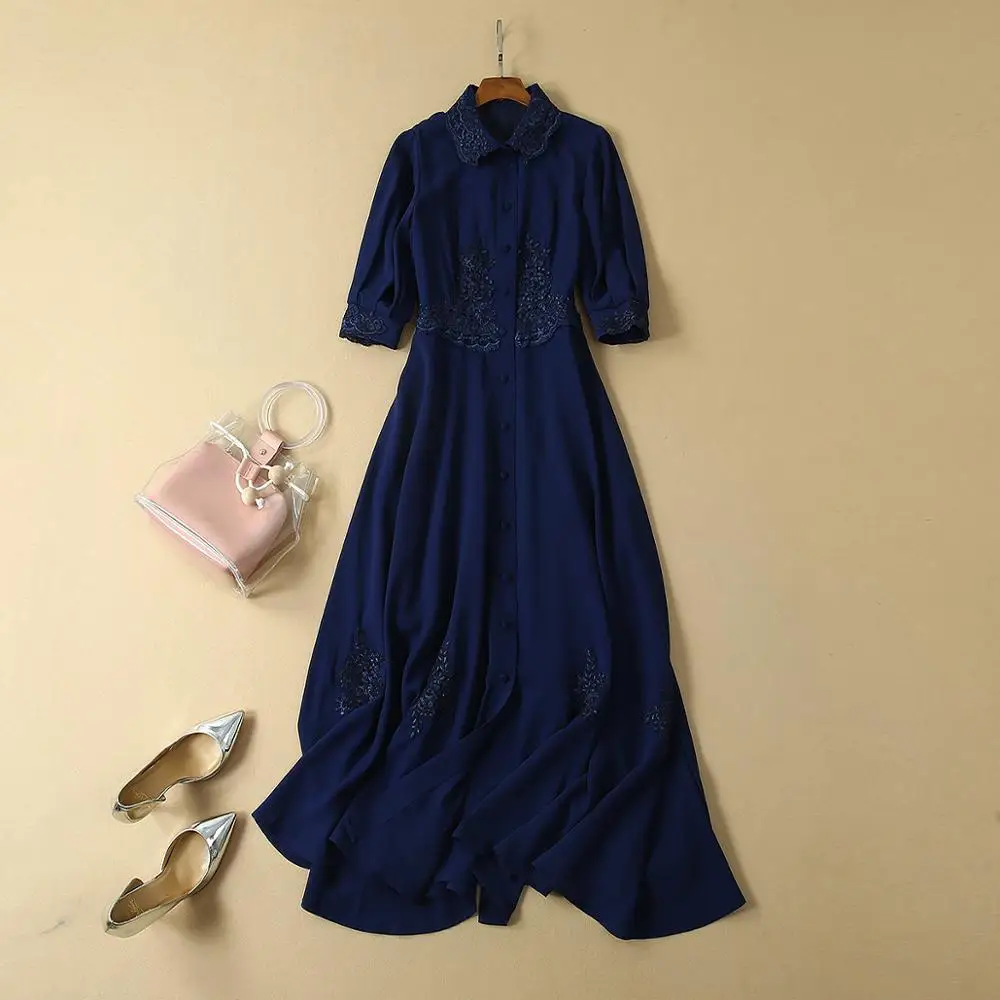 

Latest Designer Fashion Dresses 2019 Summer Women Turn-down Neck Appliques Lace Embroidery Patchwork Half Sleeve Midi Blue Dress