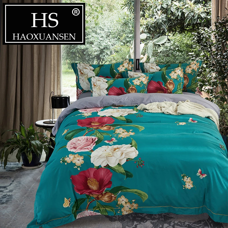 

Natural Egypt Cotton Satin Sanding Bedding Set 4pcs Flower Print Quilt Cover Sheet Pillowcase Queen King Size Soft Warm Bed Set