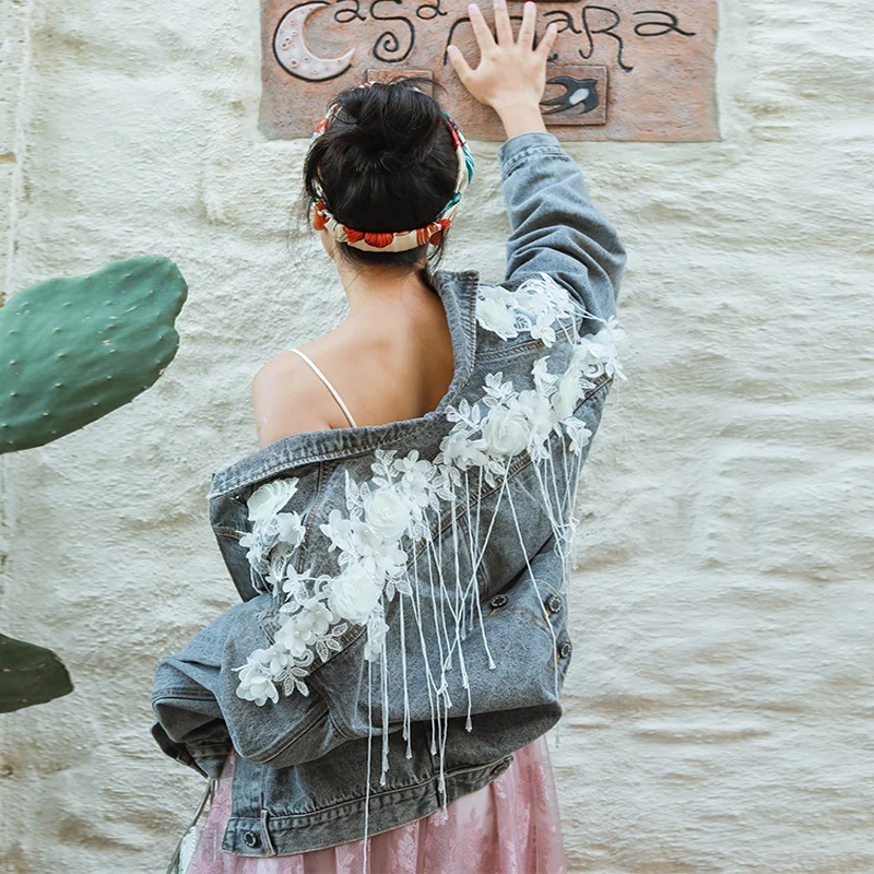 

IRINAW248 New Arrival 2018 vintage tassel appliqued beaded flower women denim jacket