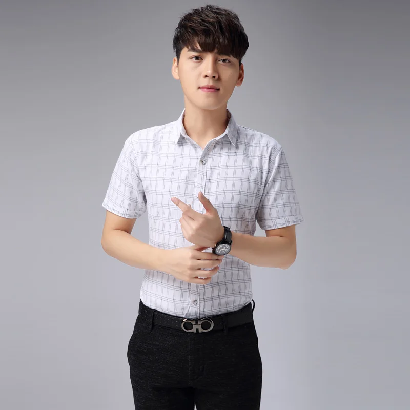 Korean Style Fashion Mens Office Shirt Short Sleeve 2017 New Korean Style Fashion Mens Office Shirt Short Sleeve 2017 New Business Shirts Slim Fit Camisa Men Blouses Plaid Cotton In Dress From S