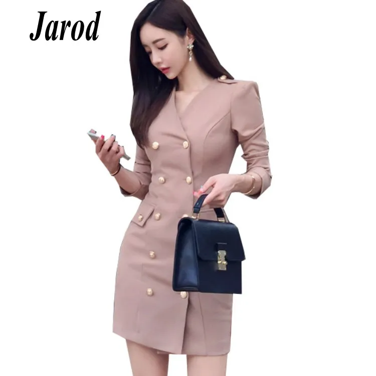 

2018 High quality spring Autumn Elegant V-Neck double-breasted long-sleeved Office Lady Mini Pencil dress