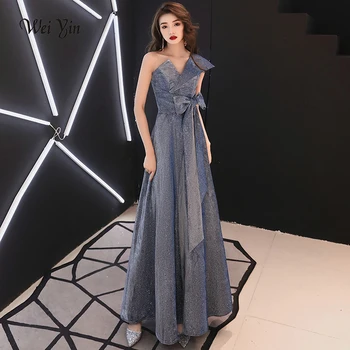 

weiyin Robe De Soiree 2020 New Blue Elegant A Line V Neck Backless Long Formal Evening Dresses Sexy Party Gowns WY1365