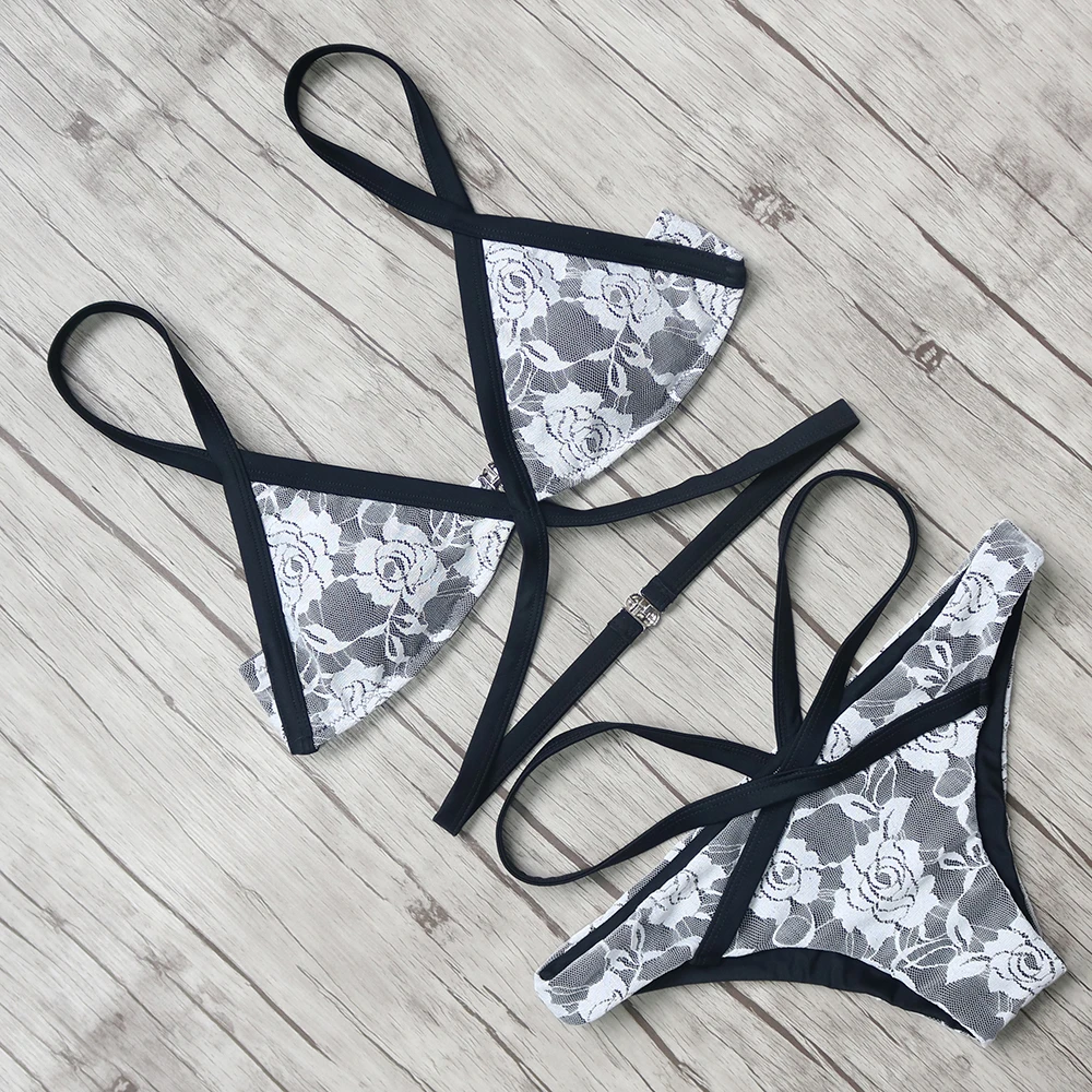 

Bikini 2019 Sexy Swimsuit Women Push Up Bikini Set Halter Bandage Swimwear Female Printed Lace Bathing Suit Plavky