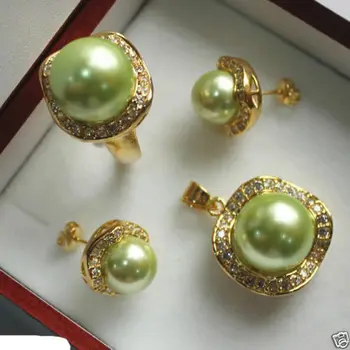 

Elegant 10mm14mm Green South Sea Shell Pearl Earrings Pendant Ring Set Quartz Fine Plated Bridal wide watch wings queen