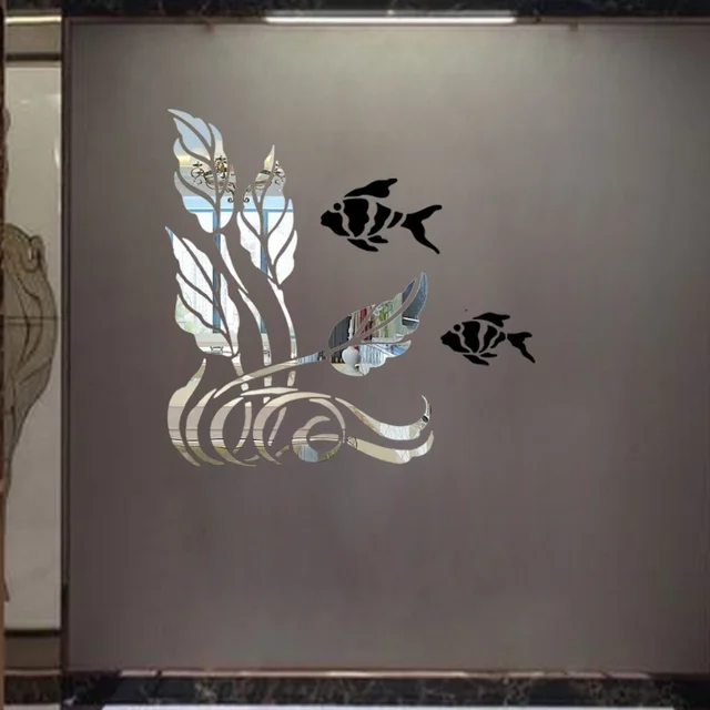 plant and fish decorative mirror wall sticker , 3d acrylic mirror