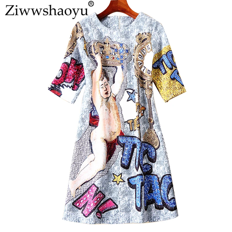 

Ziwwshaoyu Elegant Loose dresses Vintage Print Diamonds O-Neck temperament dress 2019 spring and summer runway new women