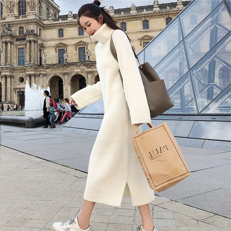 

Autumn And Winter Loose Turtleneck Mid-Calf A-Line Solid Casual Sweater Dress 2019 Slit Natural Waist All-Match Dresses