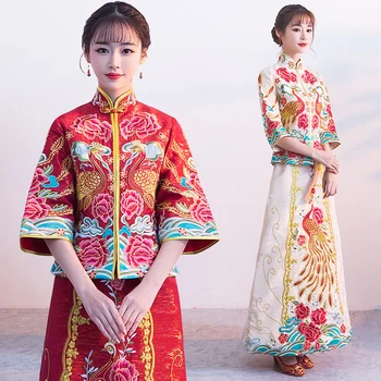 

Chinese Bride Wedding Dress Novelty Women Half Sleeve Embroidery Phoenix Cheongsam Suit Vintage Oriental Qipao Toast Clothes