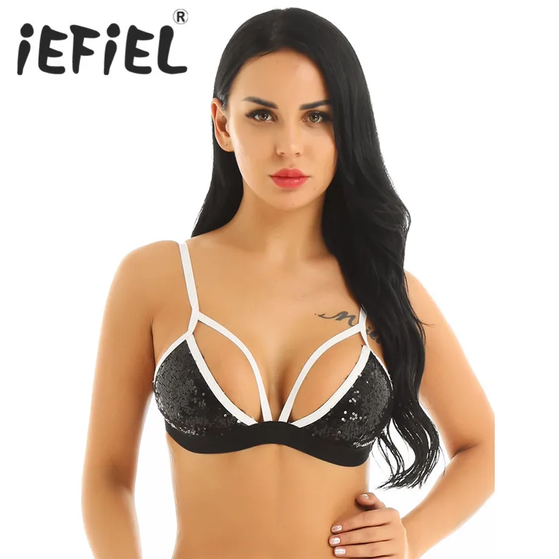 

Female Women Fashion Dazzling Glittery Sequins Wire-free No Paded Triangle Bralette Tops for Raves Dances Clubwear