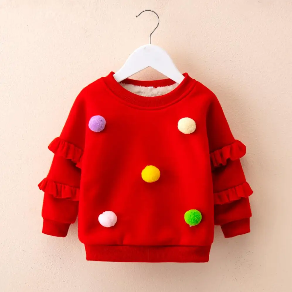 Брендовые Топы с капюшоном для маленьких девочек, одежда с помпонами, осенне-зимний свитер с длинными рукавами кашемировое пальто Одежда для детей, шерстяные пальто - Цвет: red