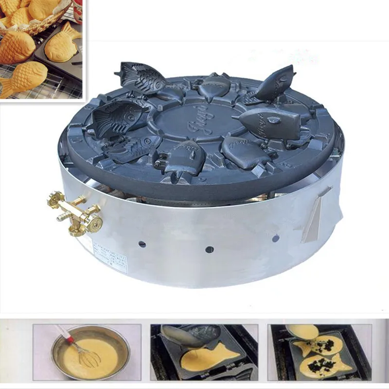 

Commercial Korean Gas Rotary Grilled 10pcs Fish Cake Non-stick Taiyaki Machine Fish Shaped Bread Baking Machine Baker Snack