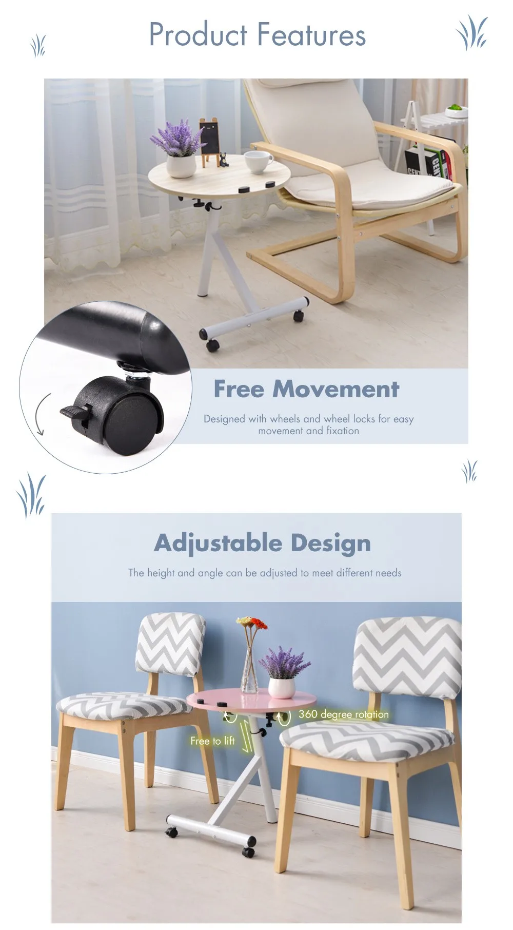 Movable Lift Desk Round Adjustable Tea Table
