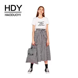 HDY Haoduoyi для женщин Повседневное свободные плед печати Винтаж миди Высокая талия однобортный линии с галстуком