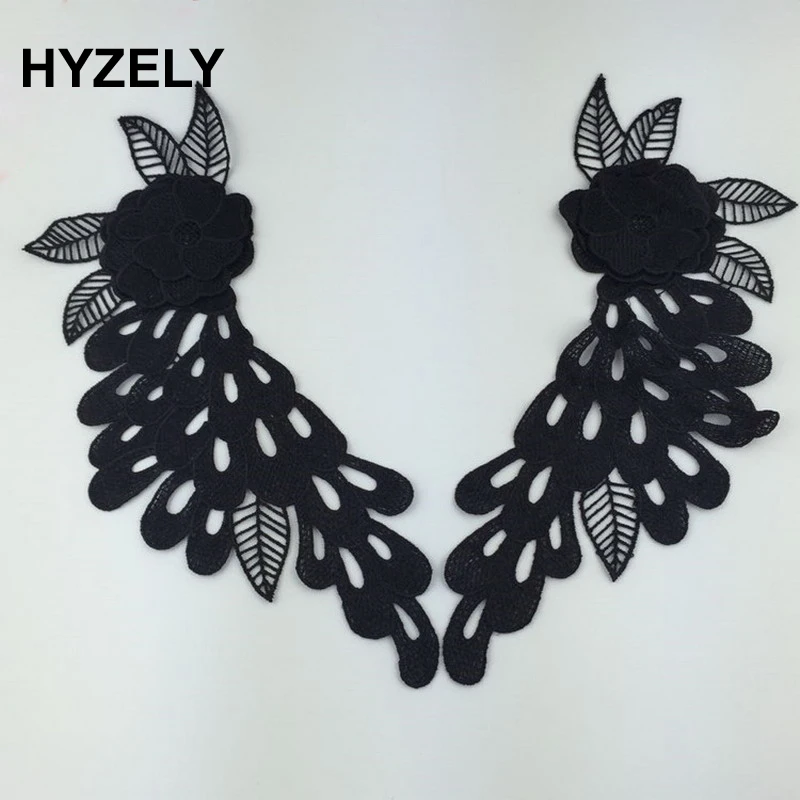 

1 Pair Black Flower Embroidery Lace Appliqued Fabric Jacquard Ribbon Lace Fabric Sewing Trims Neckline Collar BW100
