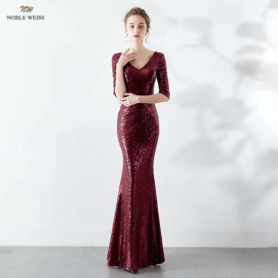 

Long Evening Dresses Dark Red Sequined Mermaid Evening Gowns Sexy V-Neck Women Formal Dresses With Half Sleeves